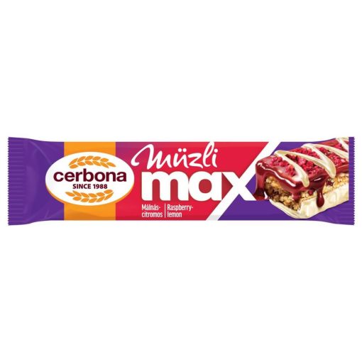 Cerbona MAX Málnás-citromos müzliszelet, málna ízesítésű karamella réteggel, joghurtos bevonó talppal 20 x 30g / 20 db