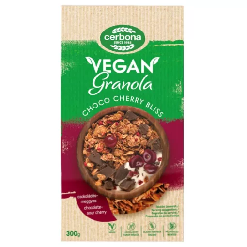 Cerbona Vegán Csokoládés-meggyes granola müzli, hozzáadott cukor nélkül 300g