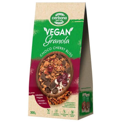 Cerbona Vegán Csokoládés-meggyes granola müzli, hozzáadott cukor nélkül 15 x 300g / 15 db