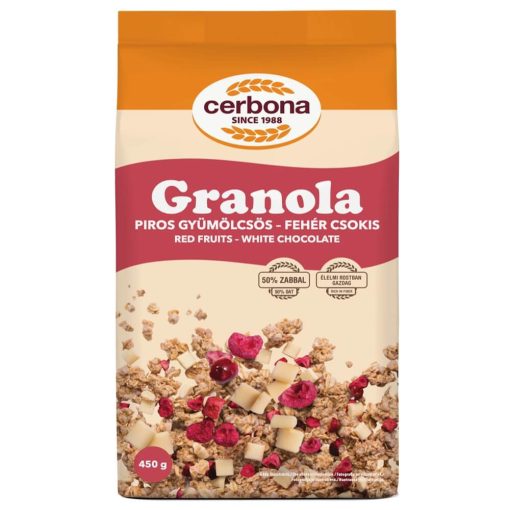 Cerbona Piros gyümölcsös-fehér csokoládés granola müzli 12 x 450g / 12 db