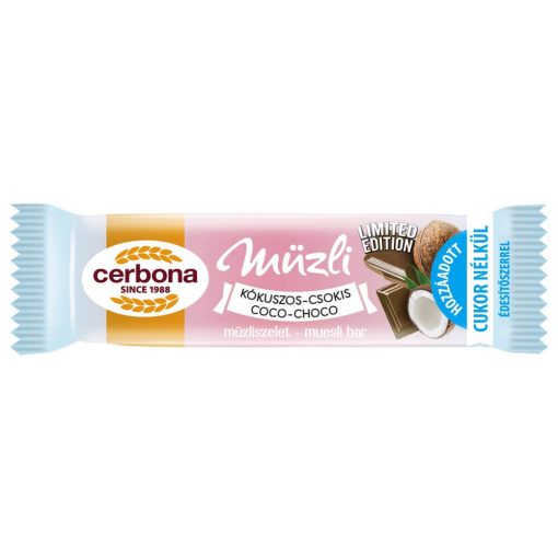 Cerbona Kókuszos-csokoládés müzliszelet kakaós tejbevonó talppal,cukor hozzáadása nélkül, édesítőszerekkel 20 x 20 g / 20 db