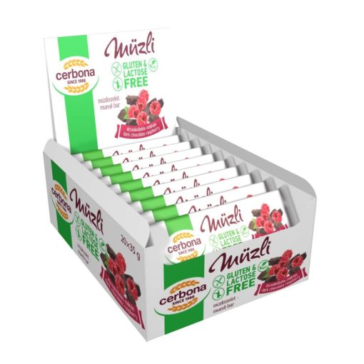 Cerbona Big Glutén- és laktózmentes Étcsokoládés-málnás müzliszelet 20 x 35 g / 20 db